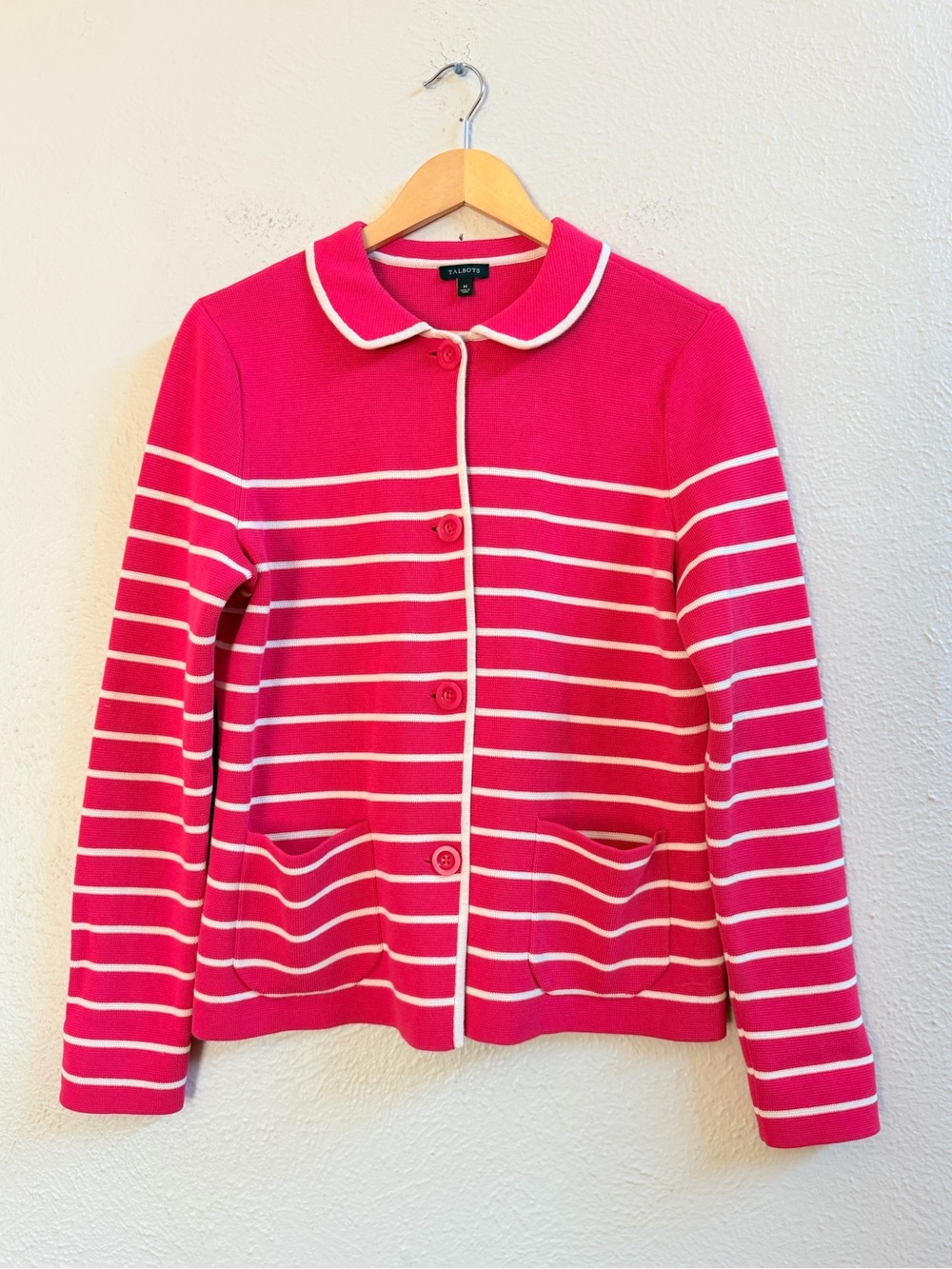 Talbots pink white stripe knit jacket